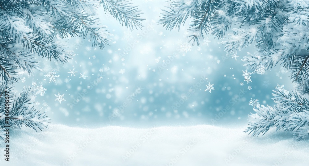 Aufkleber snowy winter background with frosted pine branches and gentle snowfall creating a serene and tranqui