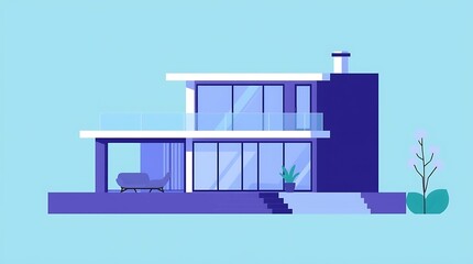 Obraz premium This illustration showcases a modern two-story house with a glass balcony, large windows offering abundant natural light, and a minimalist design aesthetic, perfect for illustrating modern...