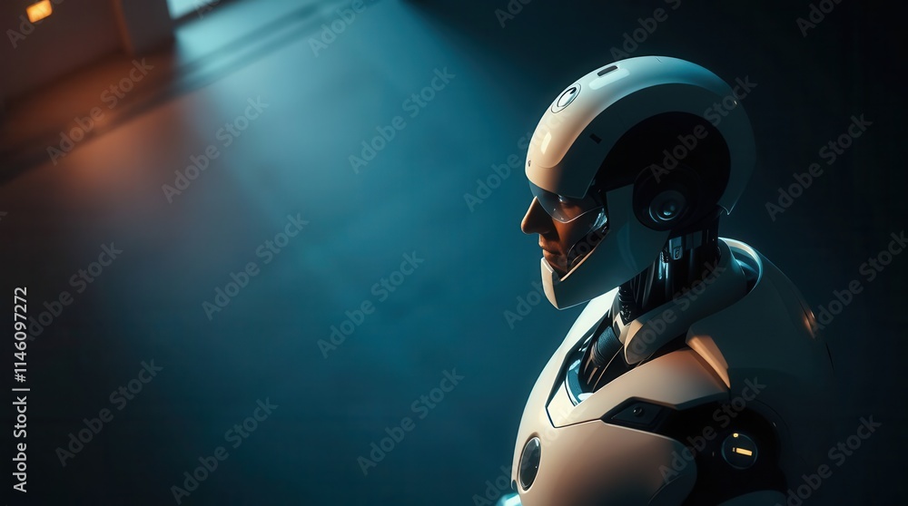 Poster businessman robot in high angle perspective with soft diffused light