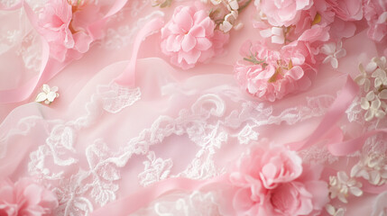 Girly Background of Pink Flowers and Lace