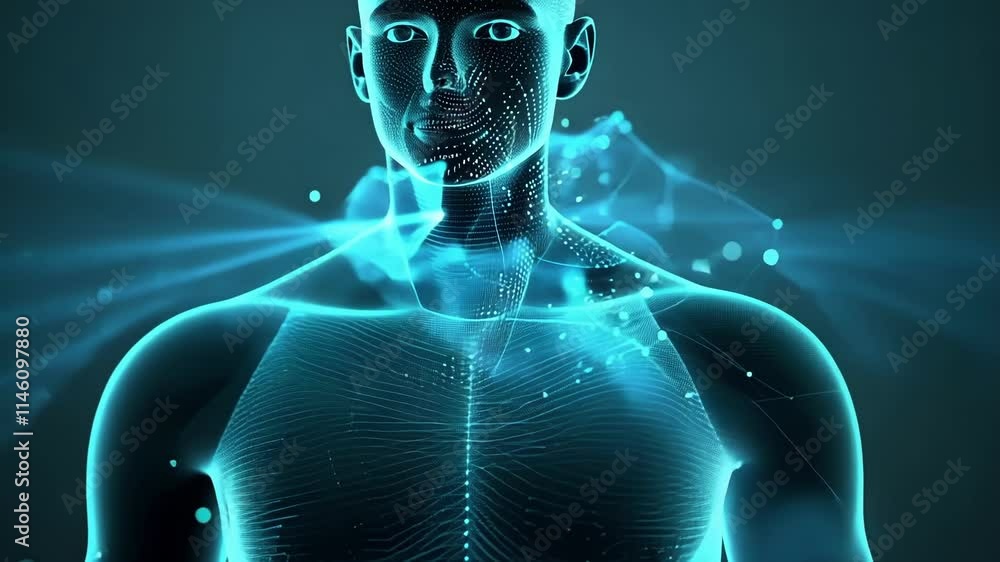 Poster futuristic human face made of digital binary code is emerging from a glowing blue data flow, symboli