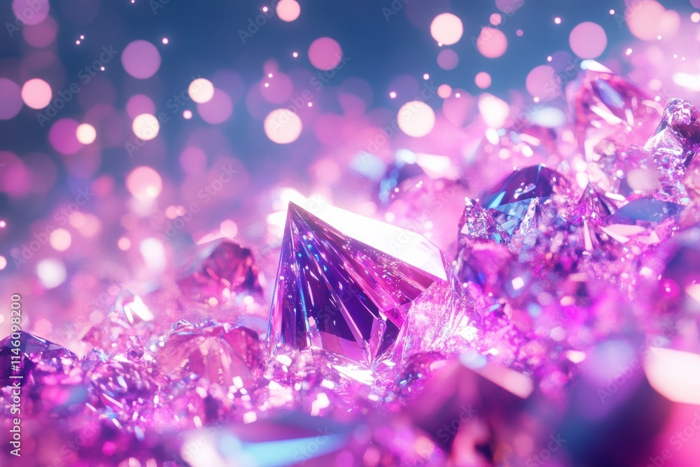 Poster shimmering pink and purple crystals under soft light creating a dreamlike atmosphere with bokeh effe