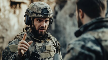 Fototapeta premium War correspondent interviewing soldier in conflict zone, dramatic scene with intense expressions, dynamic storytelling