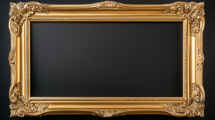 Golden Ornate Frame: Elegant gold-toned picture frame with ornate details, isolated on a black background. Perfect for showcasing artwork, photographs, or certificates.
