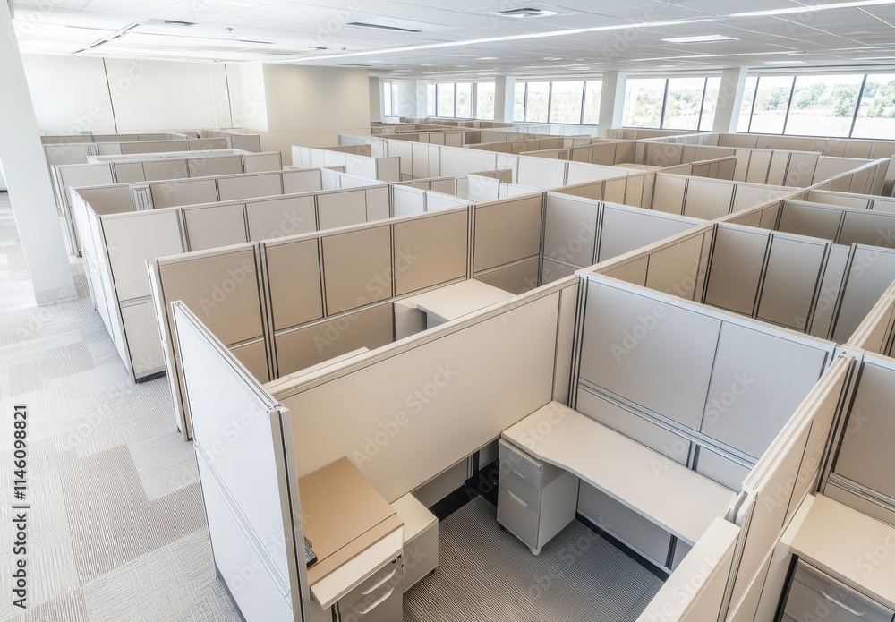 Poster spacious and modern office layout featuring multiple workstations in a bright open space with natura