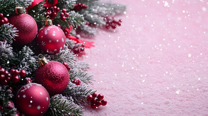 Festive Red Ornaments & Snow-Covered Branches