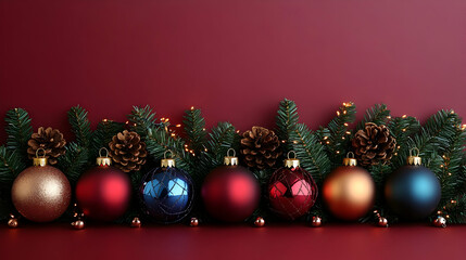 Christmas Ornament Decor: Festive Red, Gold, and Blue Baubles with Pine
