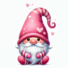 D&iacute;a de San Valent&iacute;n, un gnomo rosa con sombrero y globos en forma de coraz&oacute;n . imagen predise&ntilde;ada sobre un fondo blanco