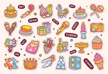 Birthday Party Sticker Icons Hand Drawn Coloring Vector
