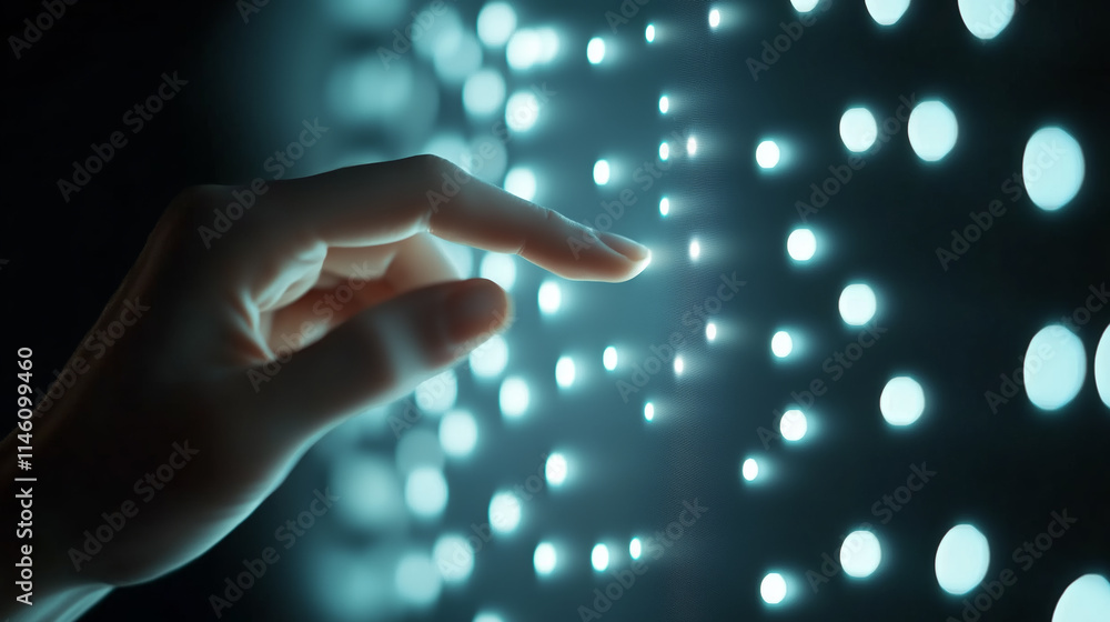 Poster digital interaction with illuminated light patterns in a dark environment during an immersive techno