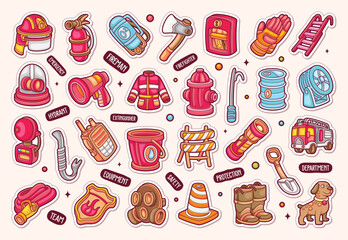 Firefighter Items Sticker Icons Hand Drawn Coloring Vector
