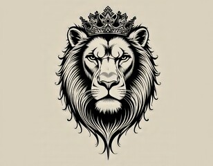 Obraz premium vector cabeza de león con corona tatuaje