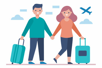 A couple holding hands walks through an airport corridor with cheerful expressions. They wear casual attire and display big smiles at each other.