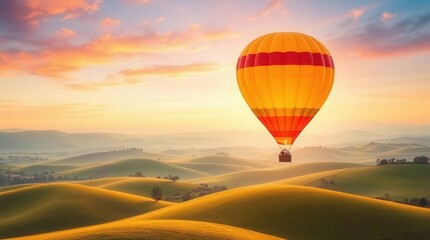 Obraz premium Hot Air Balloon Soars Over Serene Countryside with Rolling Hills