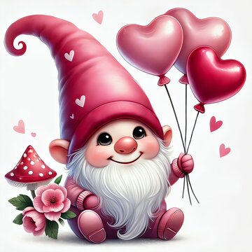 D&iacute;a de San Valent&iacute;n, un gnomo rosa con sombrero y globos en forma de coraz&oacute;n . imagen predise&ntilde;ada sobre un fondo blanco