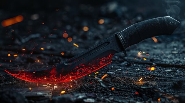A Keris Knife with a black carbon holder, black blade and red tip on a dark background,