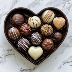 A heart-shaped chocolate box filled with assorted truffles.