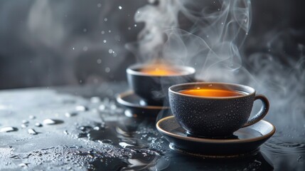Steaming black coffee cups placed on a textured surface