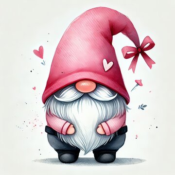 D&iacute;a de San Valent&iacute;n, un gnomo rosa con sombrero y globos en forma de coraz&oacute;n . imagen predise&ntilde;ada sobre un fondo blanco