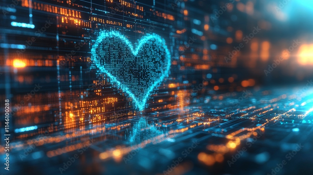 Poster heartbeat visualized in binary code on a digital display with glowing elements in 4k quality
