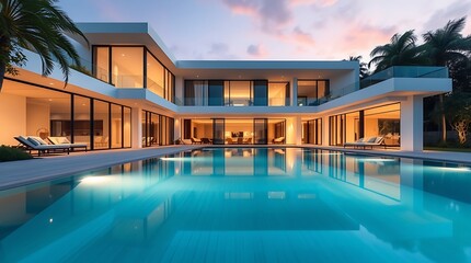 Fototapeta premium Luxurious modern villa with infinity pool at dusk: a stunning architectural masterpiece showcasing expansive glass windows, a sleek minimalist design, and a captivating reflection of the...