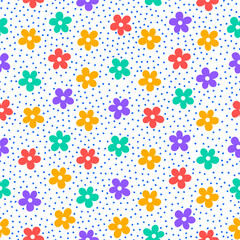 Seamless pattern with colorful flowers and dots