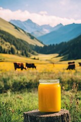 Ghee oil against the background of grazing cows. Selective focus.