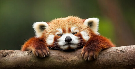 Fototapeta premium Red panda relaxing on a branch in a lush forest during daylight hours