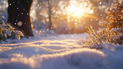 soft snow covering ground, illuminated by warm sunlight, creating a peaceful and serene winter scene, perfect for capturing the beauty of winter