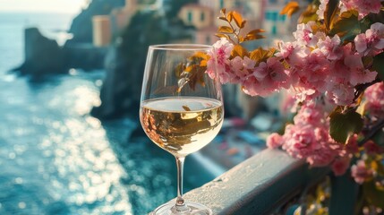 Glass of white wine against the backdrop of the Italian coast. Selective focus.