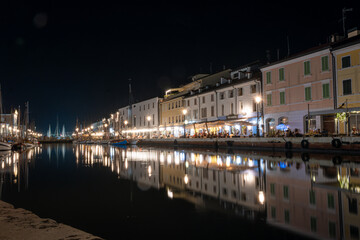 canal in the center of Cesenatico Rimini illuminated by lights at night