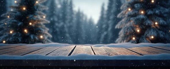 Tranquil Winter Scene with Snow-Covered Wooden Table and Softly Falling Snowflakes in a Mystical Evergreen Forest Background with Twinkling Lights
