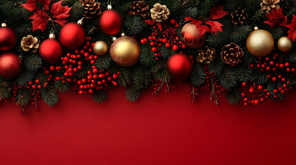 Red & Gold Festive Ornaments on Green Branches