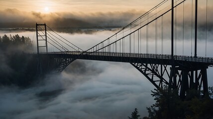 Obraz premium Misty Bridge at Sunrise: A Serene Landscape