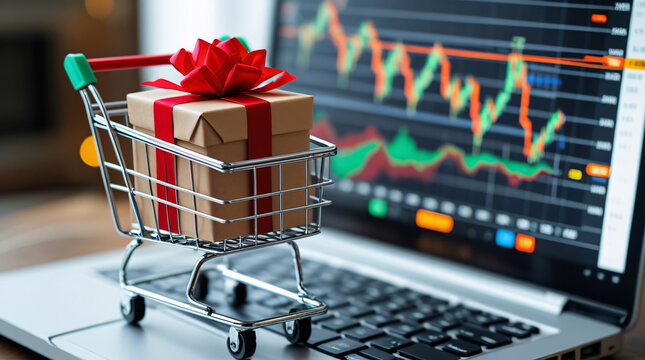 shopping cart with gifts. Financial Gifts: Shopping for Success in the Stock Market and Consumer Growth