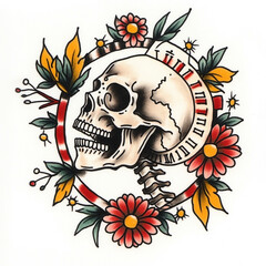 Skull and Clock Sleeve tattoo flash illustration