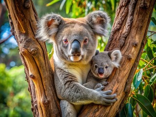 Fototapeta premium A stunning architectural photograph captures a heartwarming scene: koala mom and baby in their eucalyptus haven.
