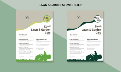Lawn Mower Garden or Landscaping Service Flyer Template. Business Flyer poster, lawn service and gardening flyer design template, A4 size leaflet, grass, equipment, gardener.