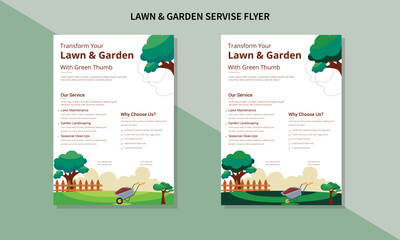 Lawn Mower Garden or Landscaping Service Flyer Template. Business Flyer poster,lawn service and gardening flyer design template, A4 size leaflet, grass, equipment, gardener.