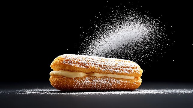 Delicious cream puff pastry dusted with powdered sugar against a black background.