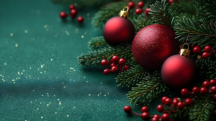 Red Ornaments Decorate Festive Green Branches