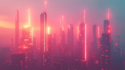 Fototapeta premium vibrant digital cityscape with glowing skyscrapers and neon lights creates futuristic atmosphere