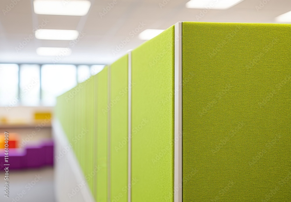 Poster vibrant green office partitions in modern workplace setting creating collaborative atmosphere and pr