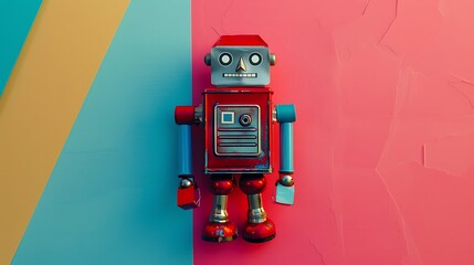 Fototapeta premium Retro tin robot isolated on mixed colored background