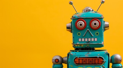 Fototapeta premium Retro tin robot isolated on yellow background