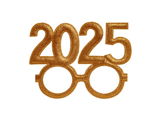 Masquerade party glasses 2025 isolated on white background. Happy New 2025 year in golden tones.
