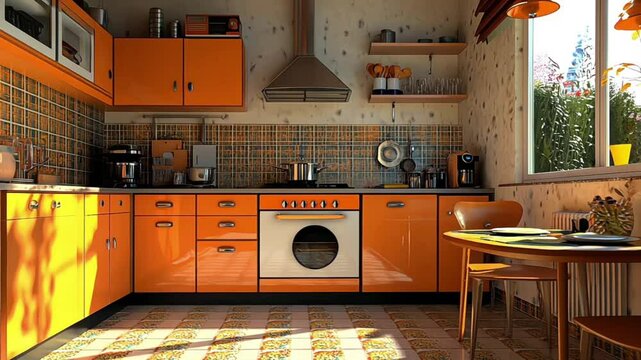 Vintage retro kitchen with orange pattern tiles, american retro kitchen home interior design 70's style