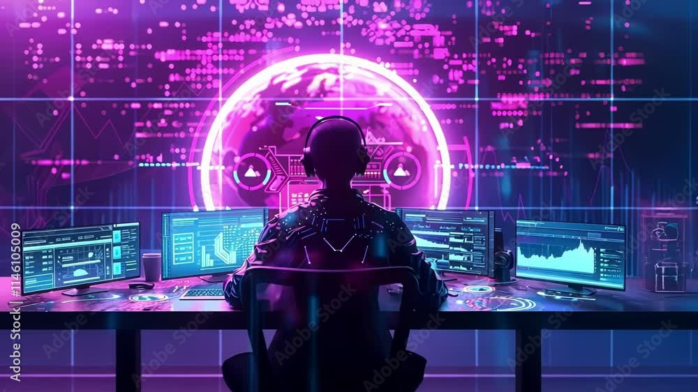 Poster hacker with headphones sitting in front of computer monitors and working on futuristic computer netw