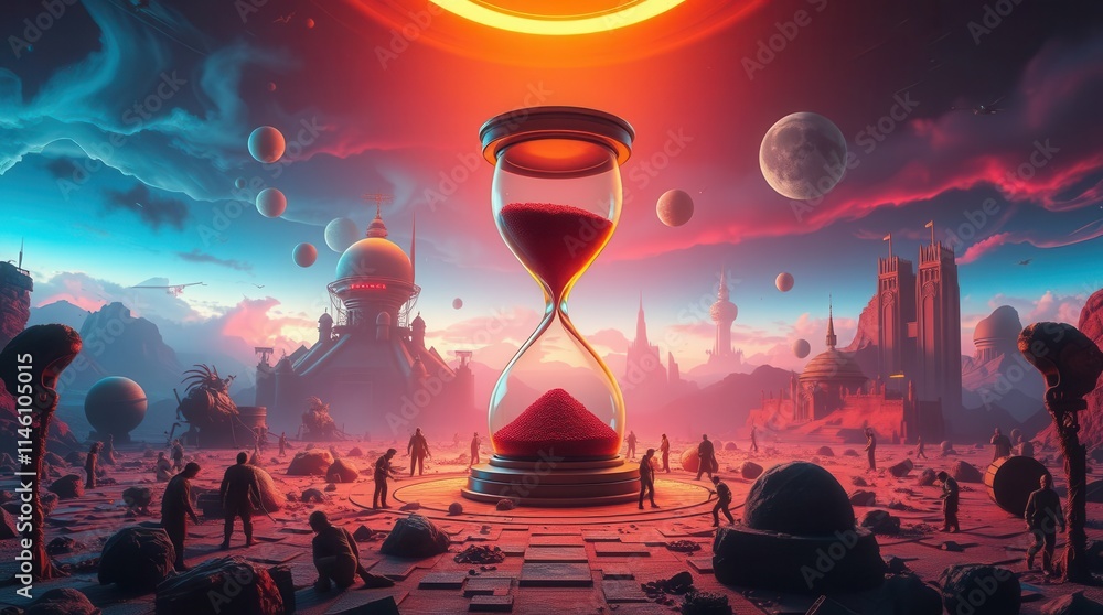 Poster epic scene of a futuristic setting with a massive sand timer glow
