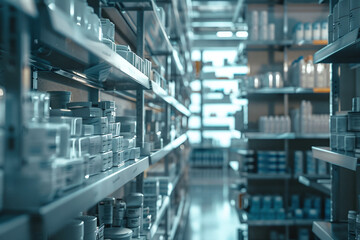 Fototapeta premium Pharmacy warehouse shelves with medicine and vitamins stock